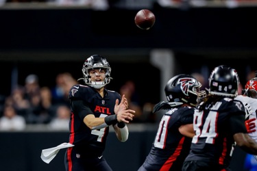 Tampa Bay Buccaneers cornerback Sean Murphy-Bunting (23) breaks up a pass  intended for Atlanta Falcons wide receiver Olamide Zaccheaus (17) during  the second half of an NFL football game, Sunday, Jan. 8