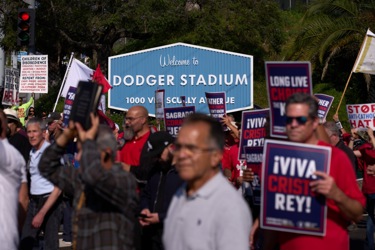 11543308 - Thousands of people protest Pride Night outside Dodger Stadium  in Los AngelesSearch