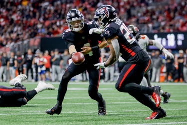 Tampa Bay Buccaneers cornerback Sean Murphy-Bunting (23) breaks up a pass  intended for Atlanta Falcons wide receiver Olamide Zaccheaus (17) during  the second half of an NFL football game, Sunday, Jan. 8